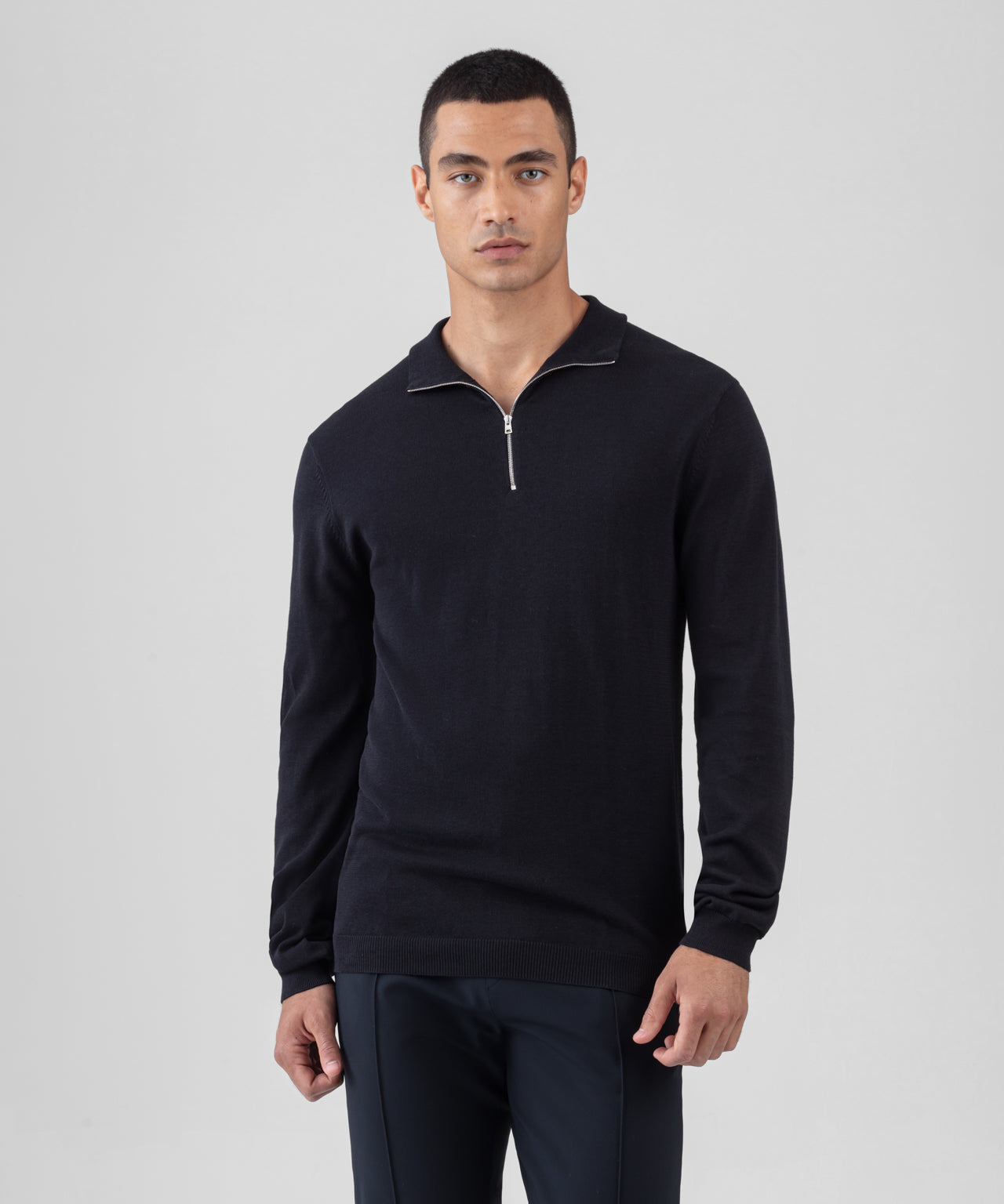 Cotton Silk RD Polo Long Sleeved: Black