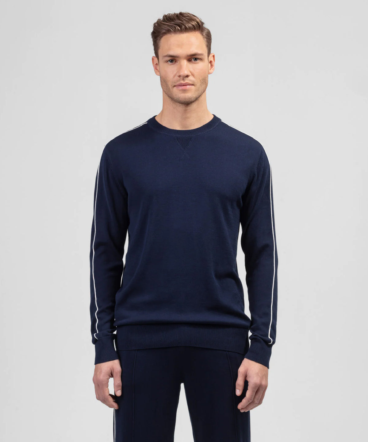 Cotton Silk Sweatshirt w. Piping: Navy