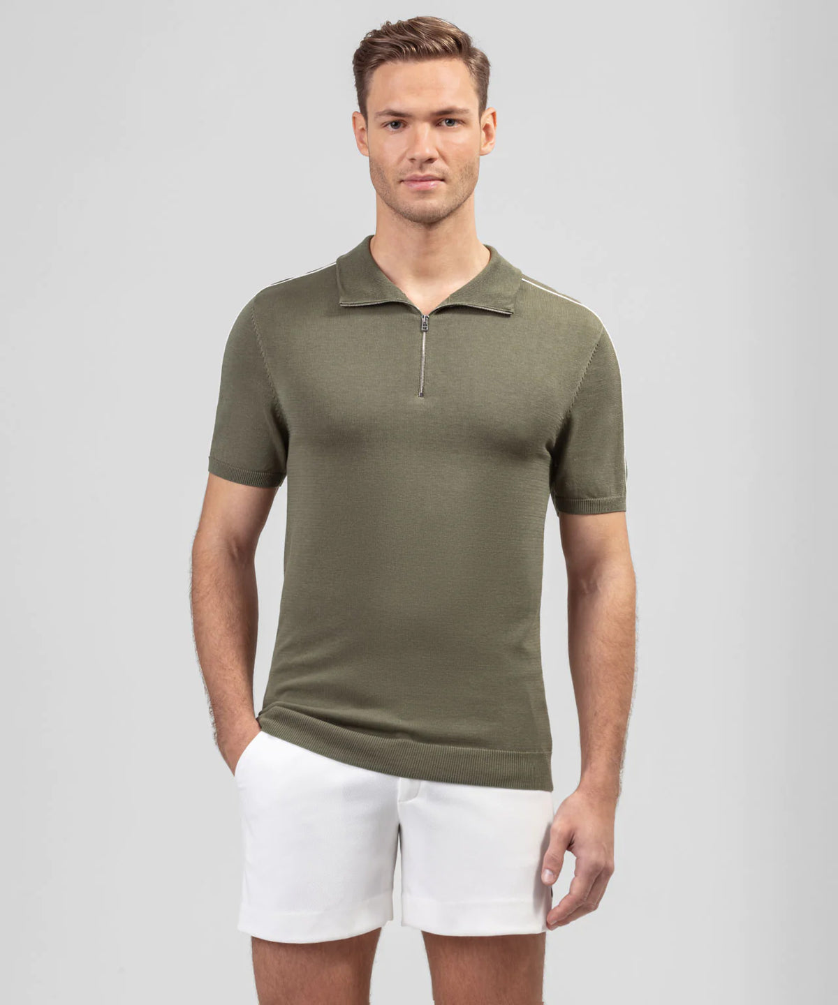 Cotton Silk RD Polo w. Piping: Olive Green