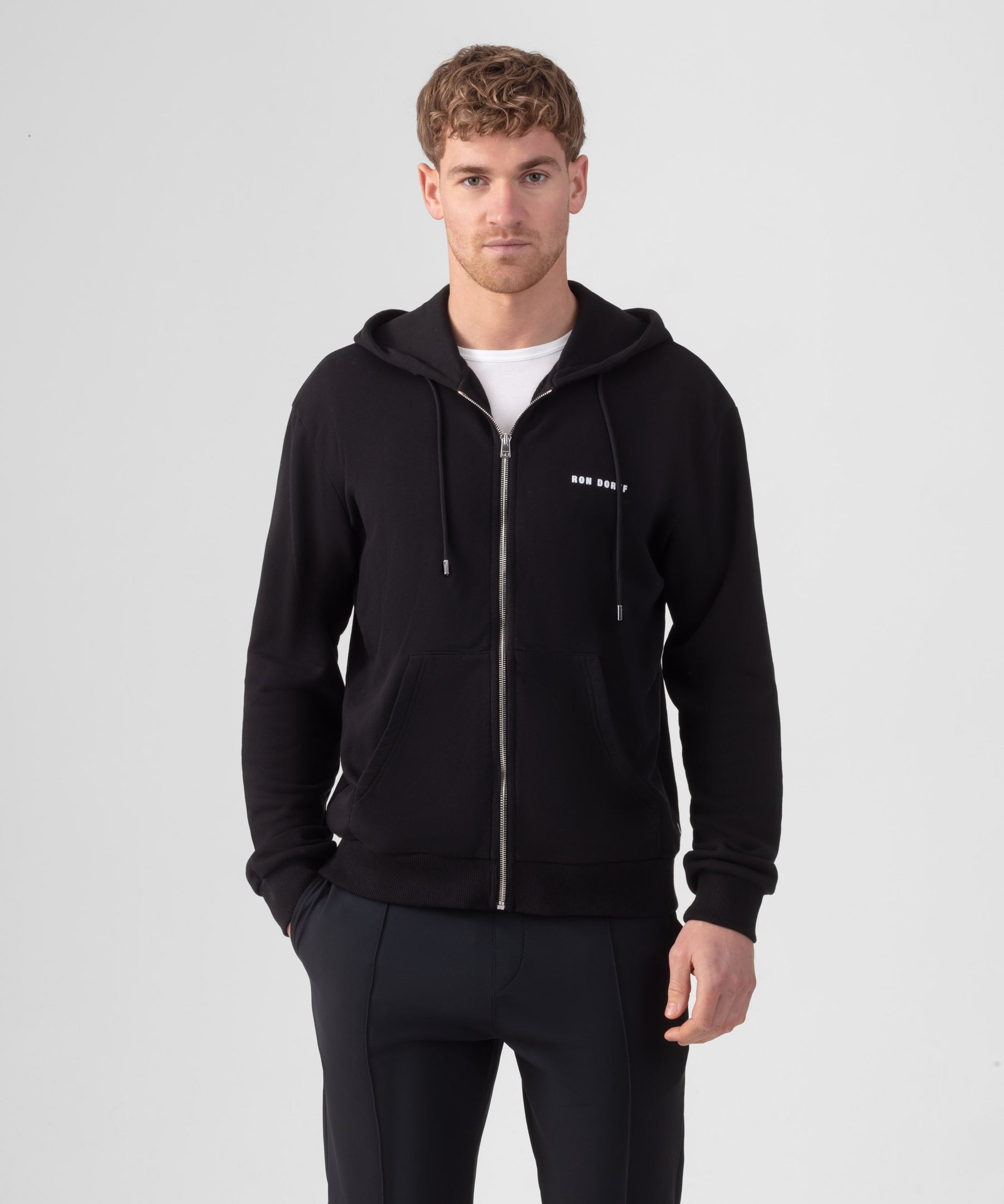 Organic Cotton Zipped Relaxed Fit Hoodie: Black