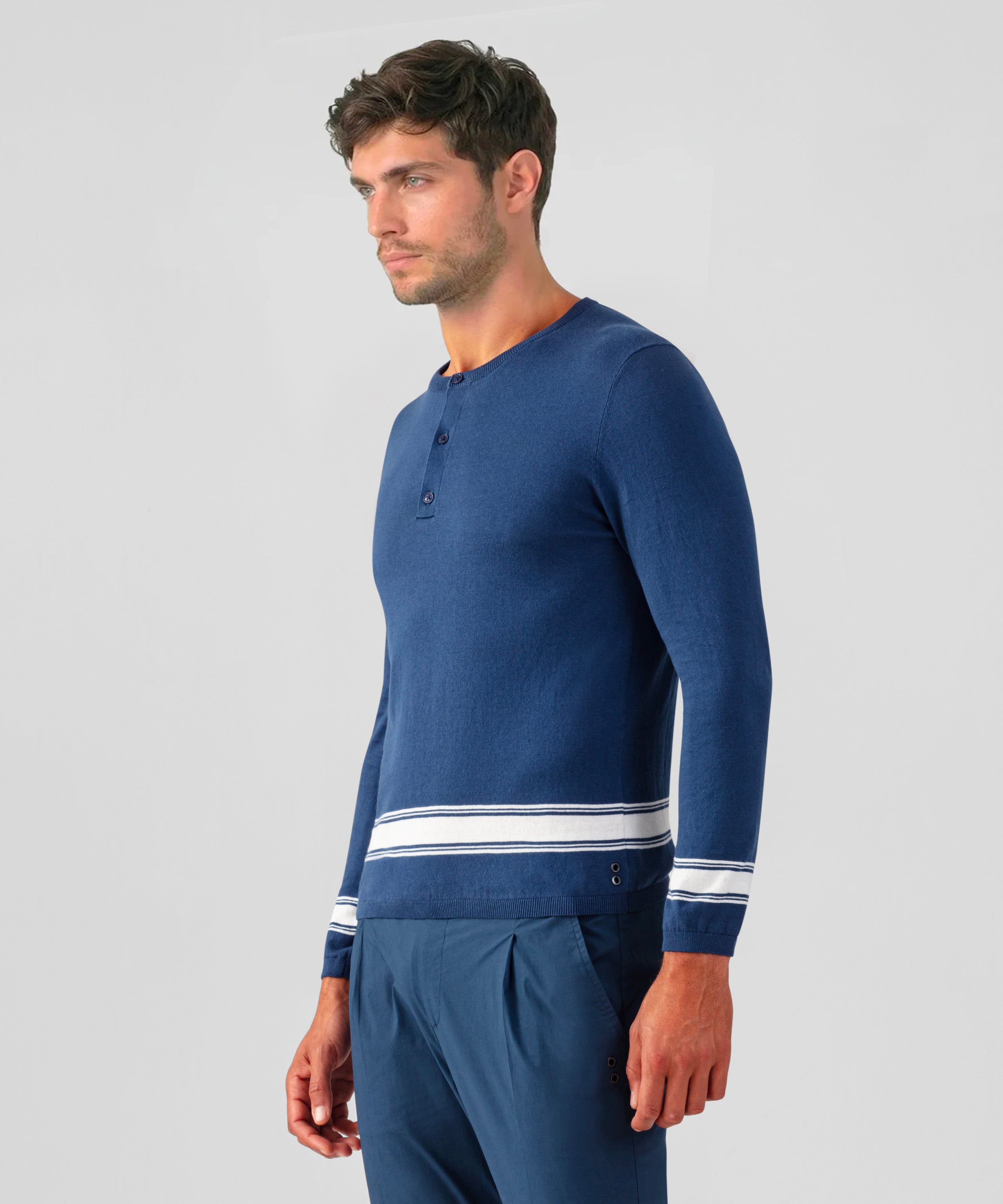 Cotton-Linen Henley Sweater: Deep Blue