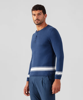 Cotton-Linen Henley Sweater: Deep Blue