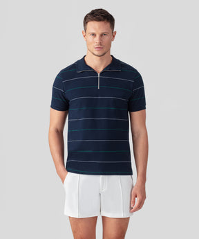 Cotton Piqué RD Polo w. Tennis Stripes: Navy