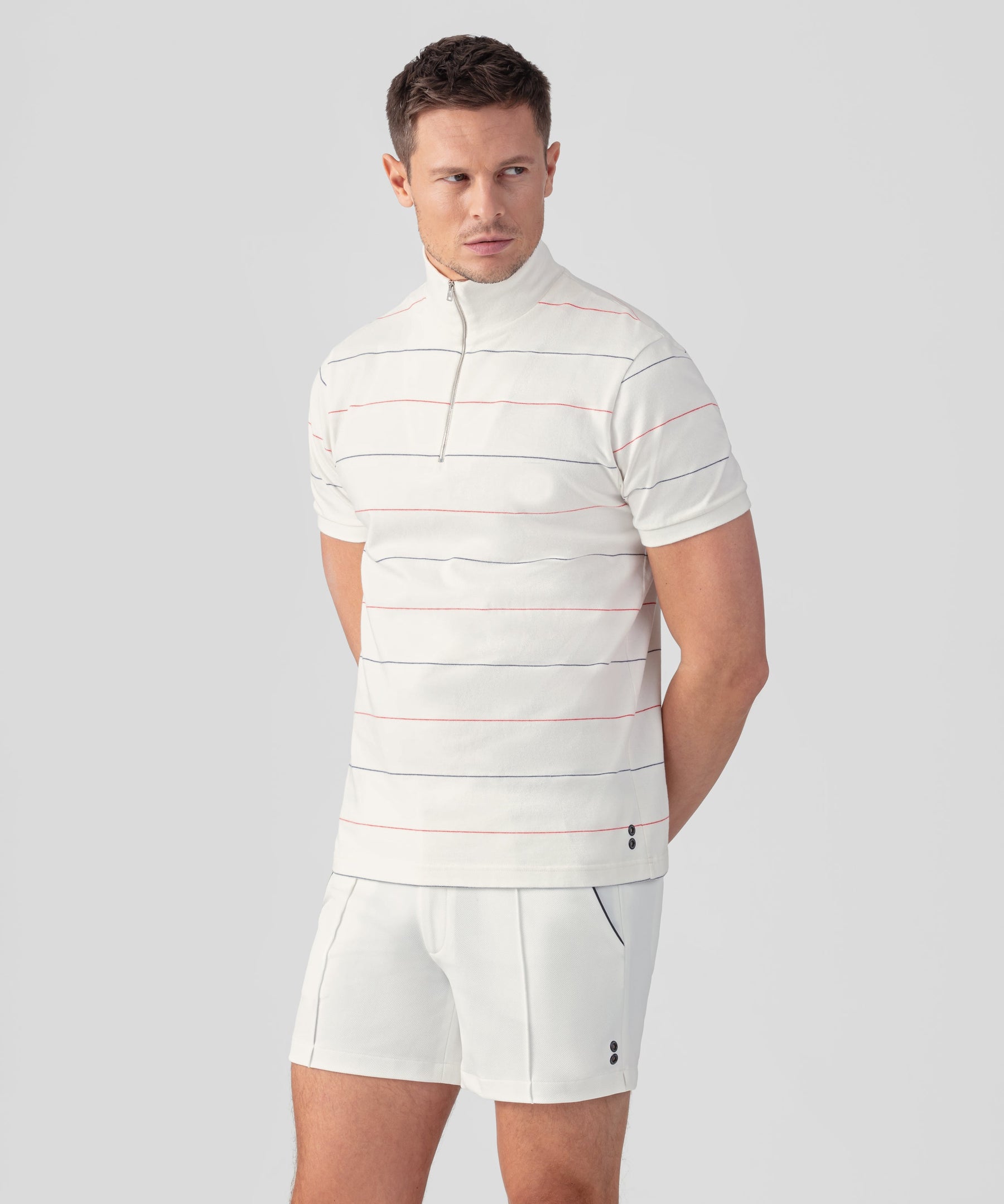 Cotton Piqué RD Polo w. Tennis Stripes: Off White