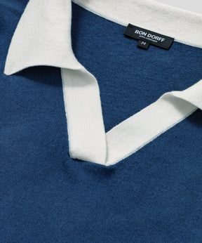 Cotton-Linen V-Neck Polo: Deep Blue