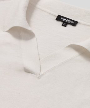 Cotton-Linen V-Neck Polo: Off White