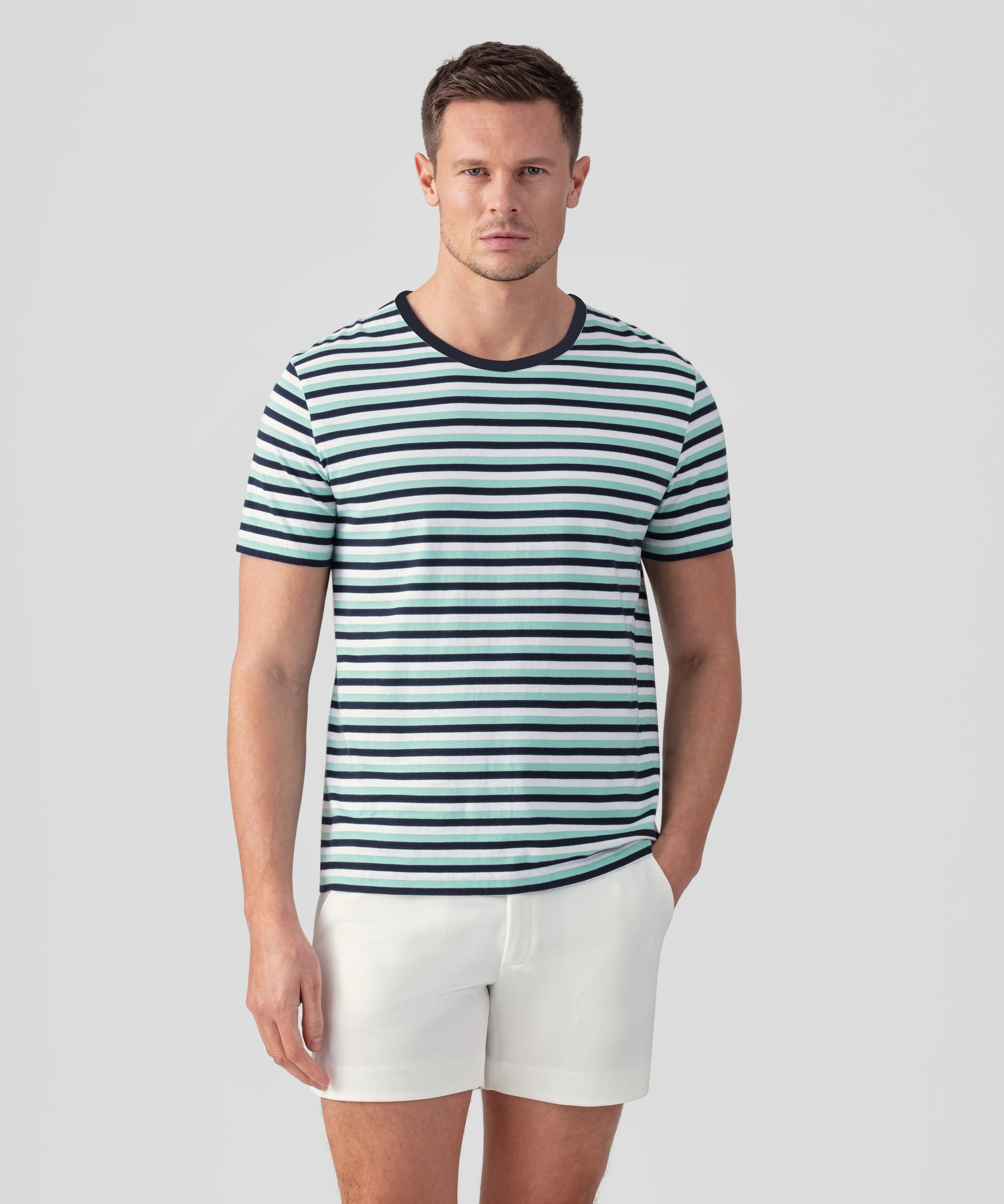 T-Shirt Eyelet Edition w. Tricolor Stripes: Grass Green/Navy/White