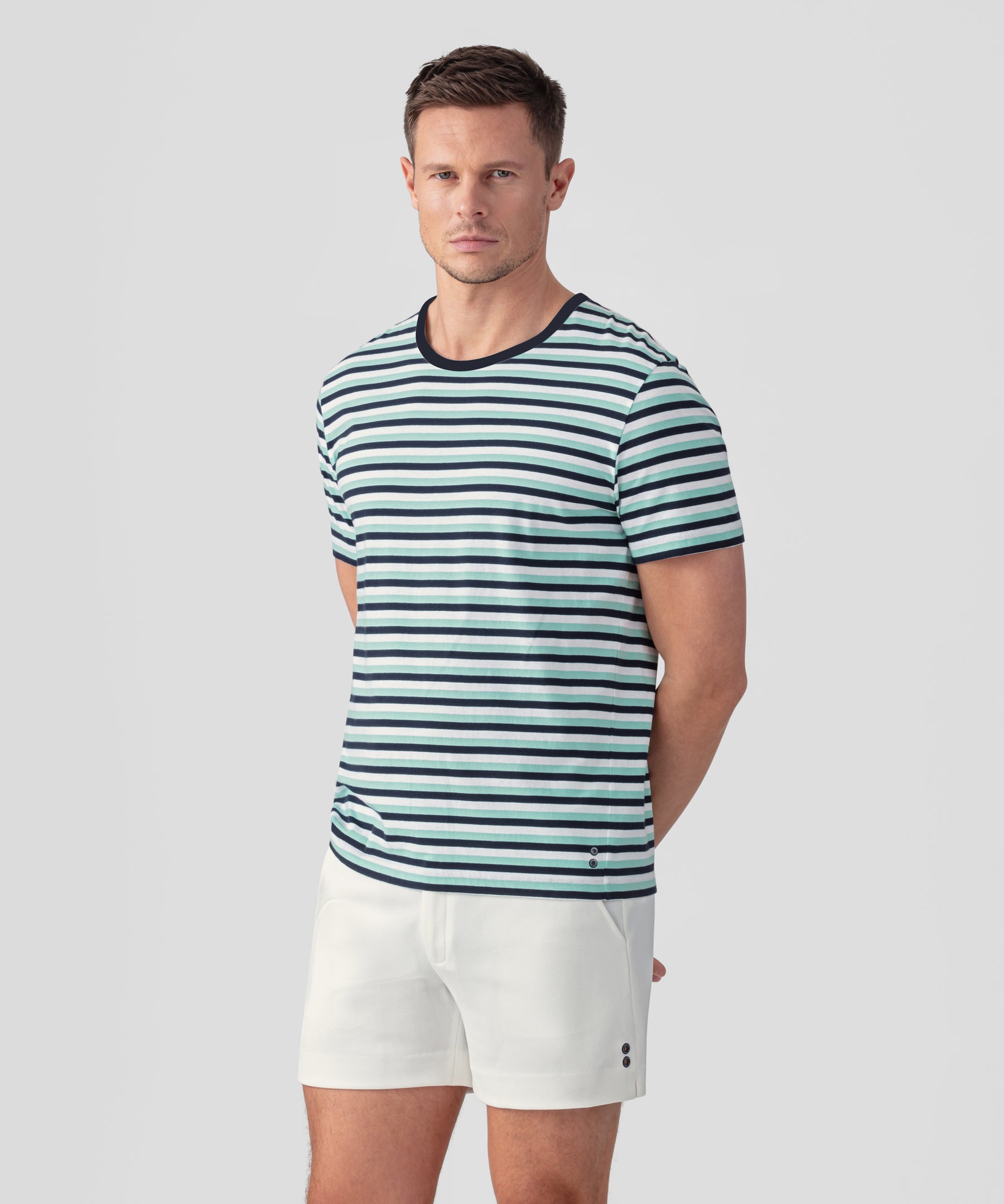 T-Shirt Eyelet Edition w. Tricolor Stripes: Grass Green/Navy/White