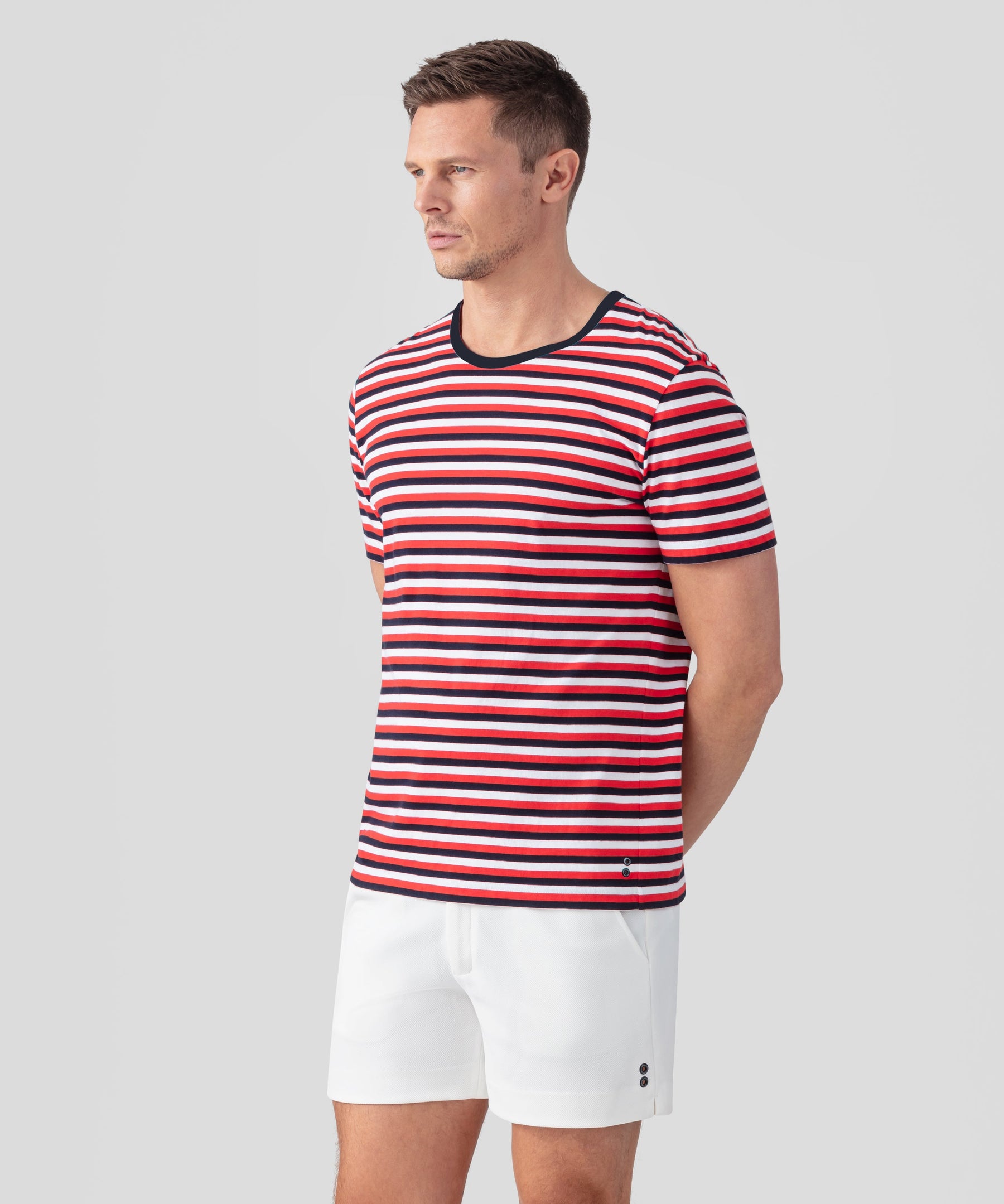 T-Shirt Eyelet Edition w. Tricolor Stripes: Summer Red/Navy/White