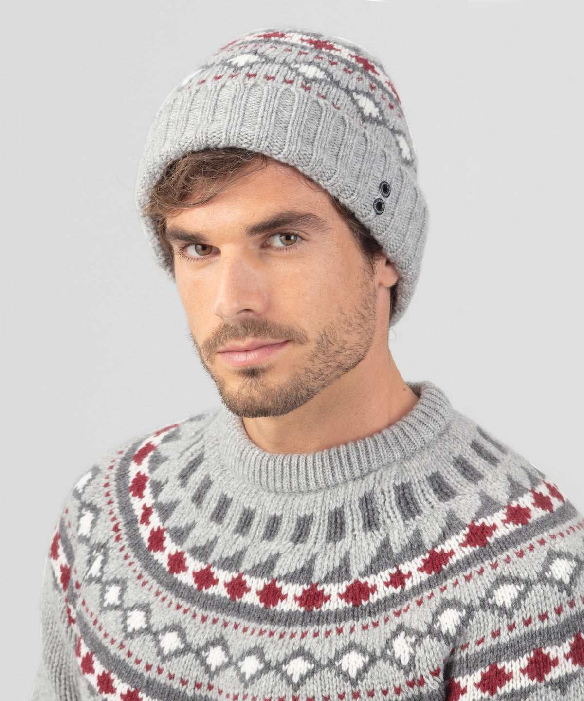 Wool Cashmere Beanie w. Nordic Pattern: Grey Melange