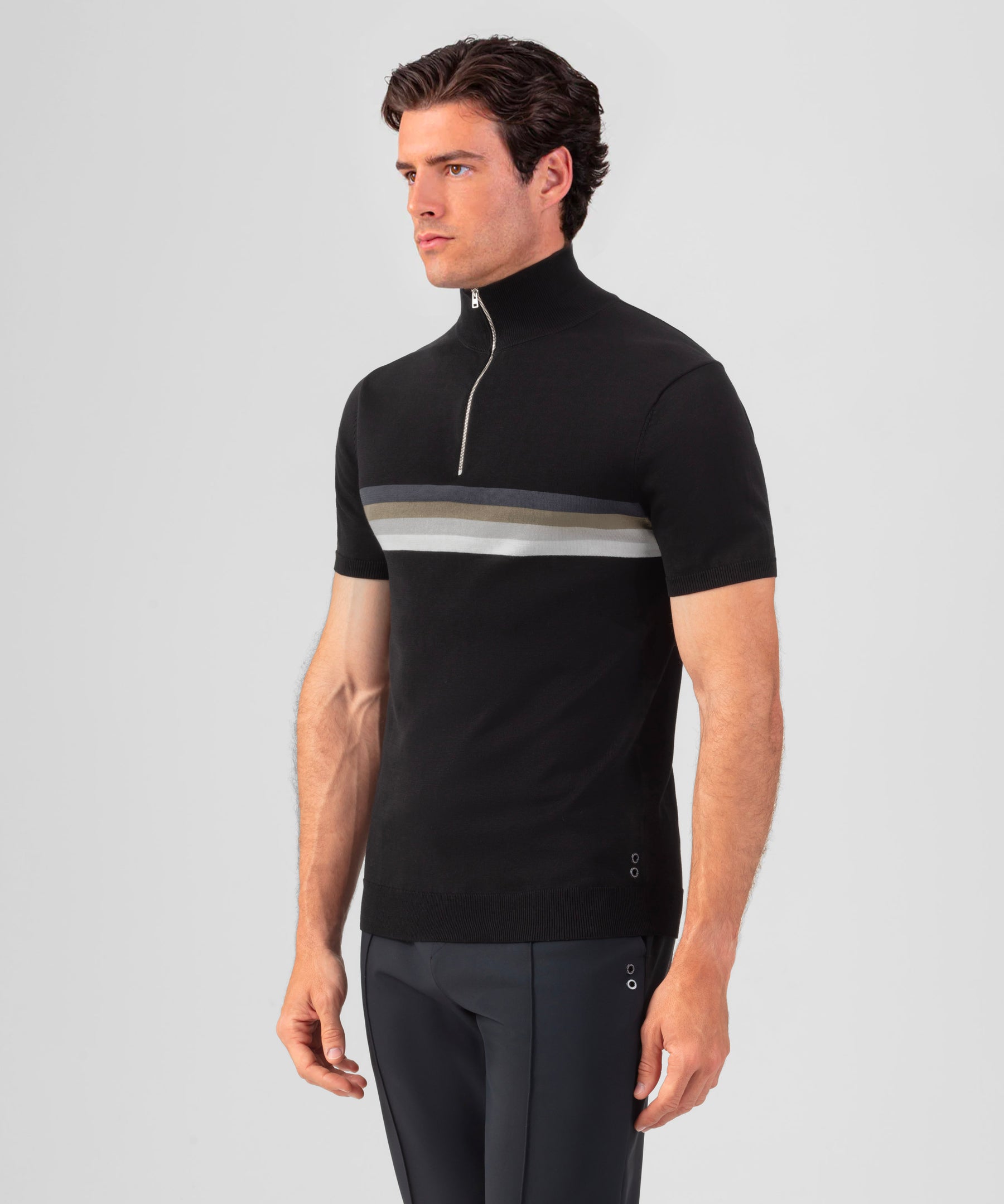 Cotton-Silk Polo w. Chest Stripes: Black