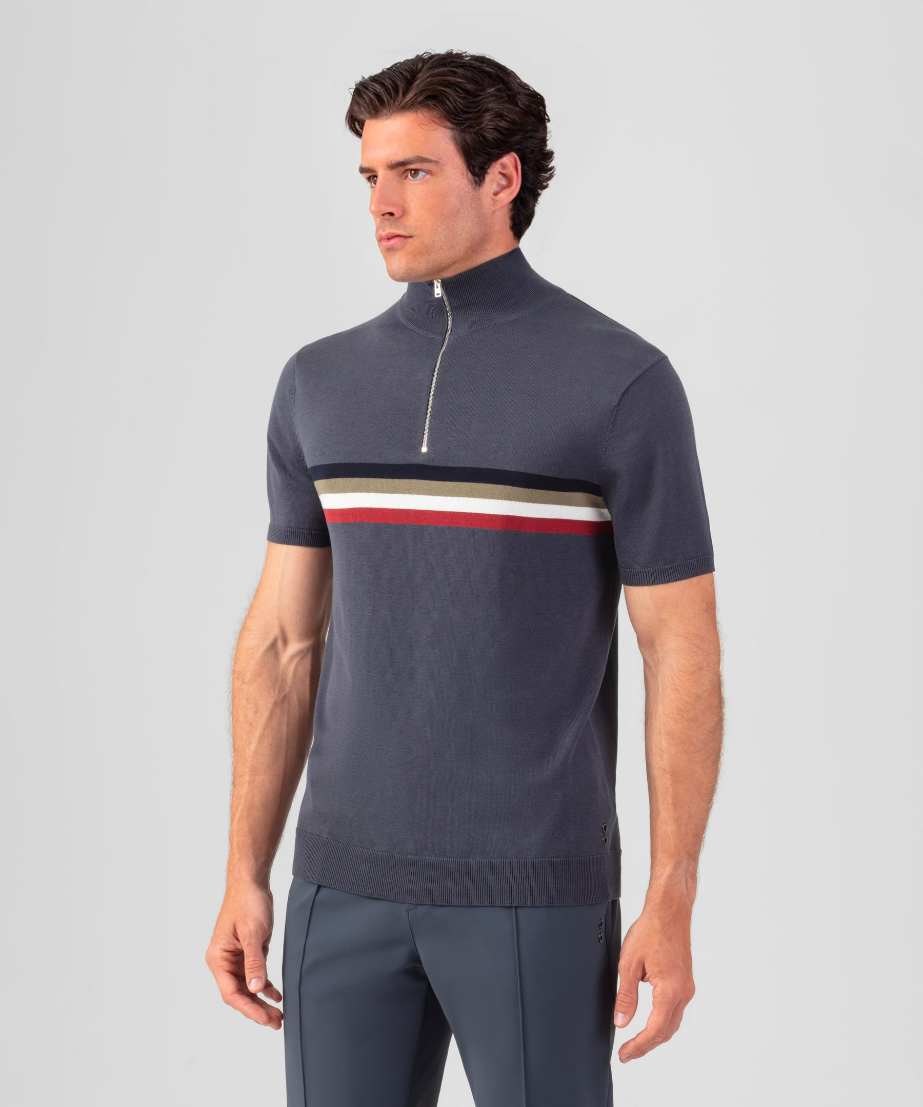 Cotton-Silk Polo w. Chest Stripes: Lava Grey