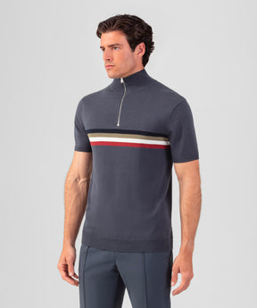 Cotton-Silk Polo w. Chest Stripes: Lava Grey