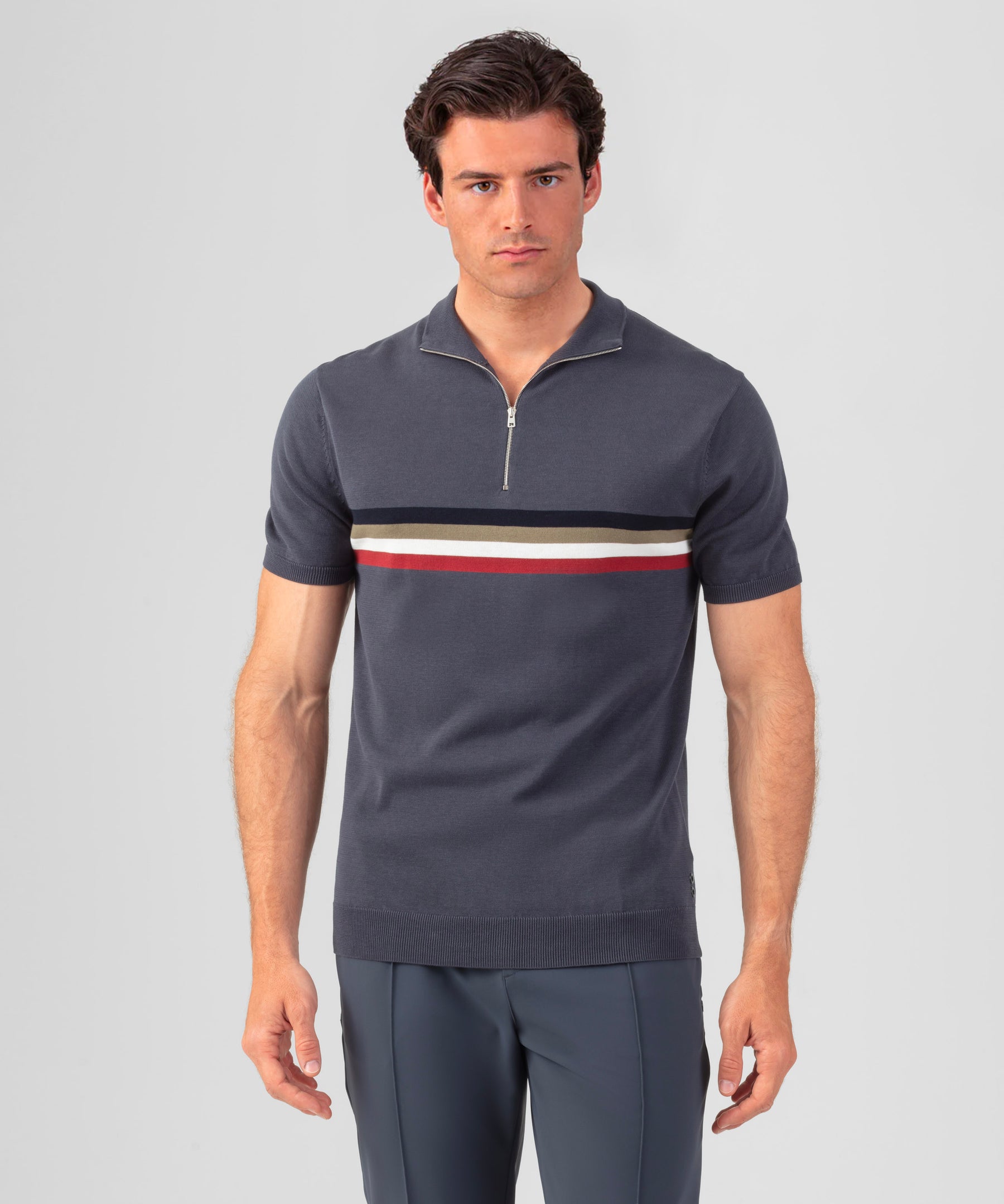 Cotton-Silk Polo w. Chest Stripes: Lava Grey