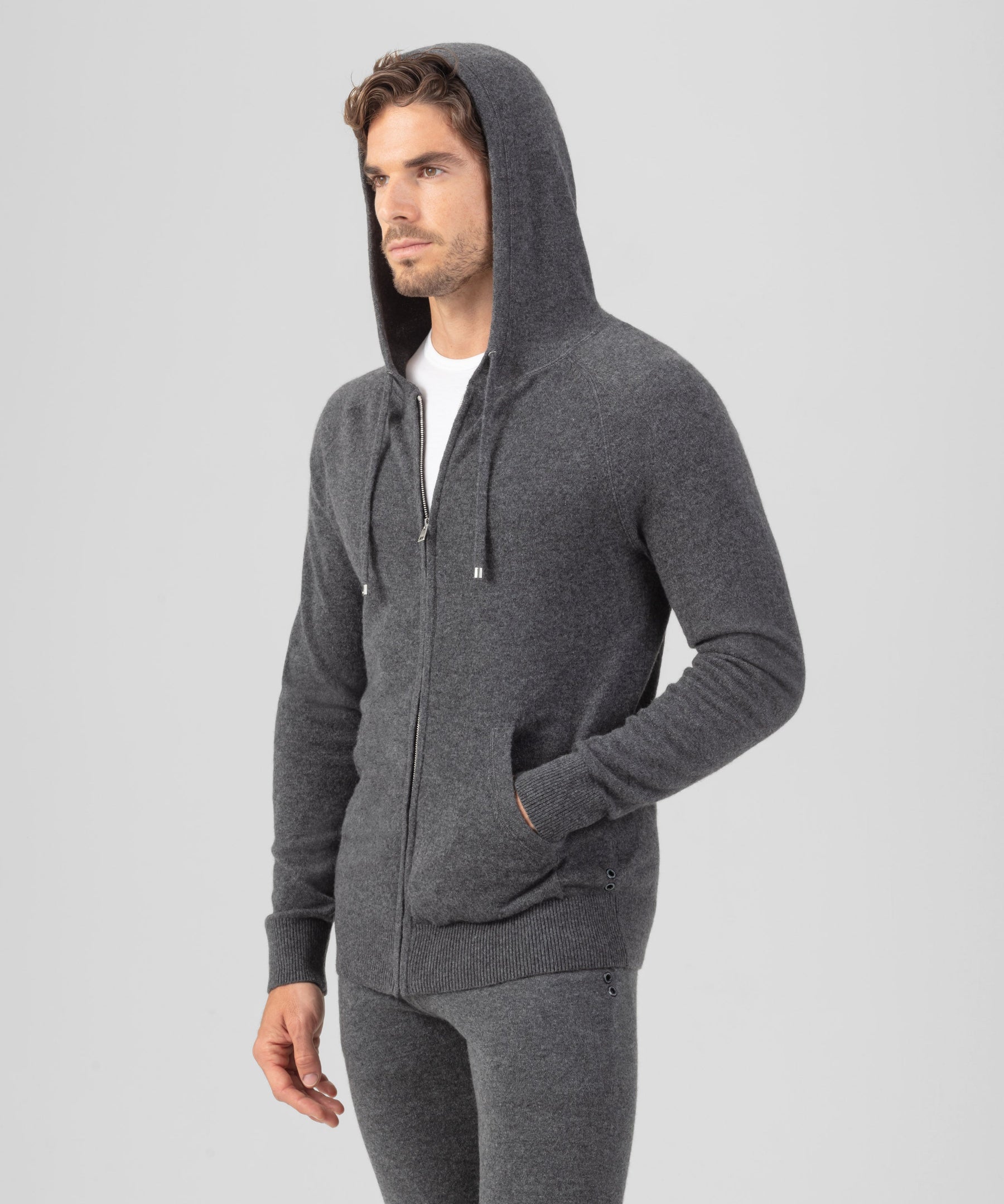 Cashmere Zipped Hoodie: Dark Grey Melange