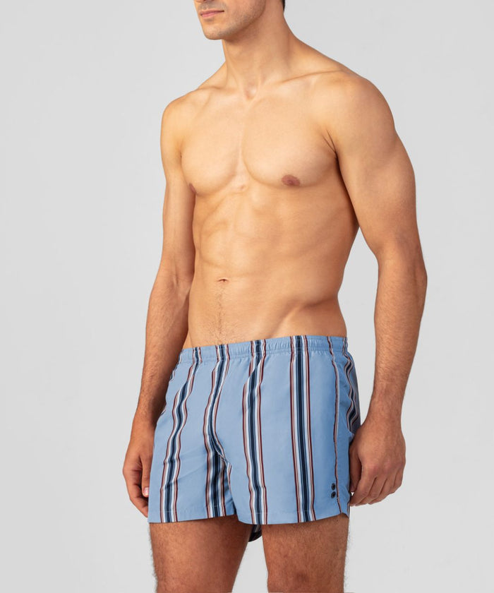 Swim Shorts w. Irregular Stripes: Faded Denim