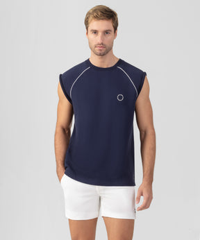 Organic Cotton Sleeveless Sweatshirt w. Piping: Deep Ocean