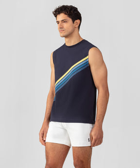 Organic Cotton Sleeveless T-Shirt w. Diagonal Stripes: Navy