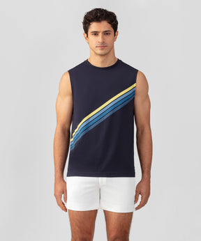 Organic Cotton Sleeveless T-Shirt w. Diagonal Stripes: Navy