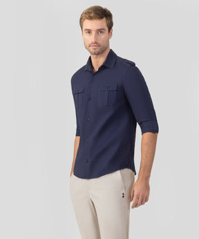 Cotton-Linen Long Sleeve Shirt w. Pockets: Deep Ocean