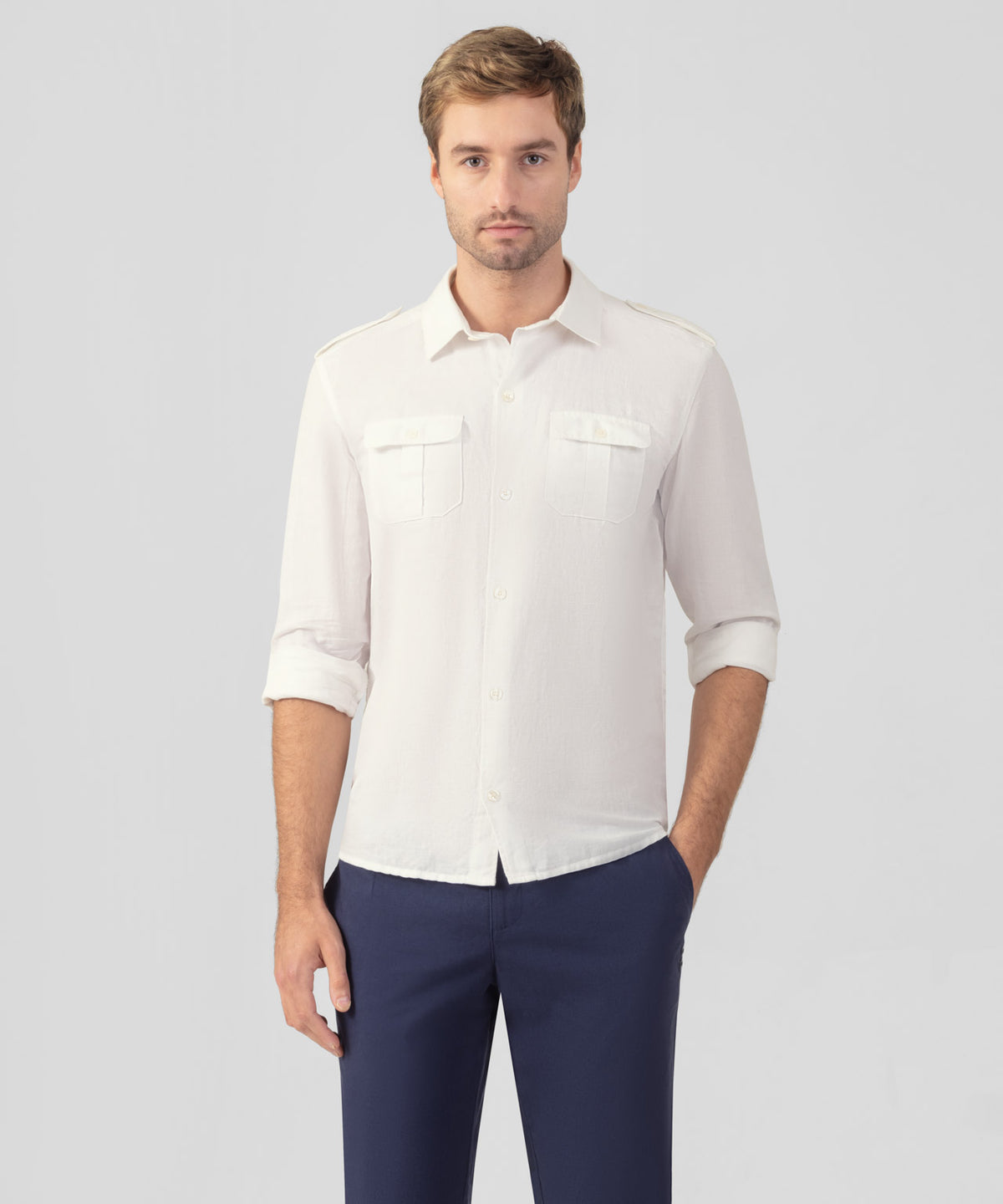 Cotton-Linen Long Sleeve Shirt w. Pockets: Off White