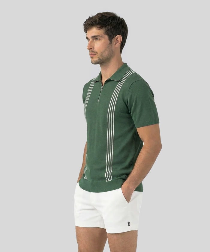 Cotton-Silk Zip Collar Polo w. Stripes: Court Green