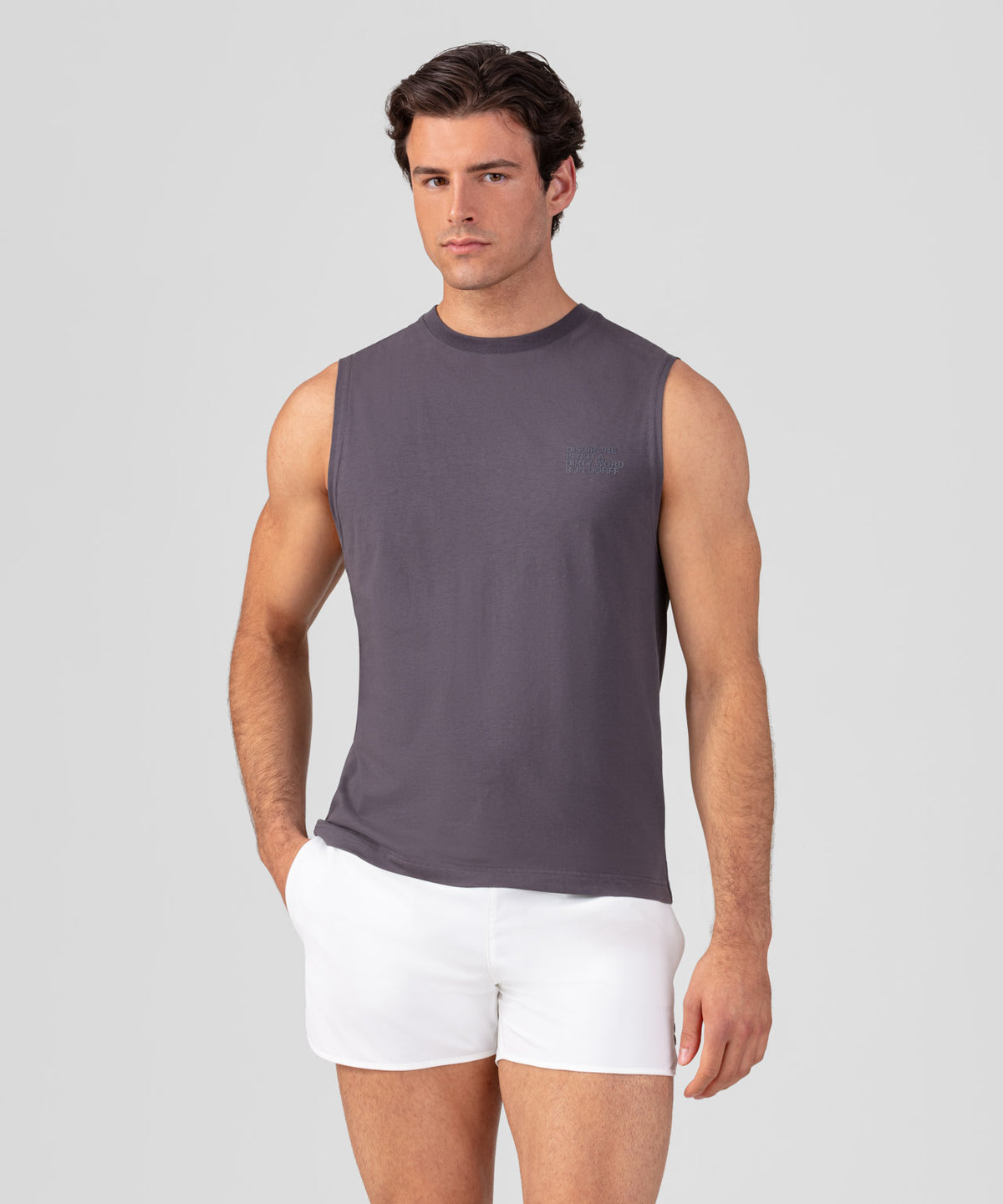 Organic Cotton Sleeveless T-Shirt Small Print "DISCIPLINE": Cosmo Grey