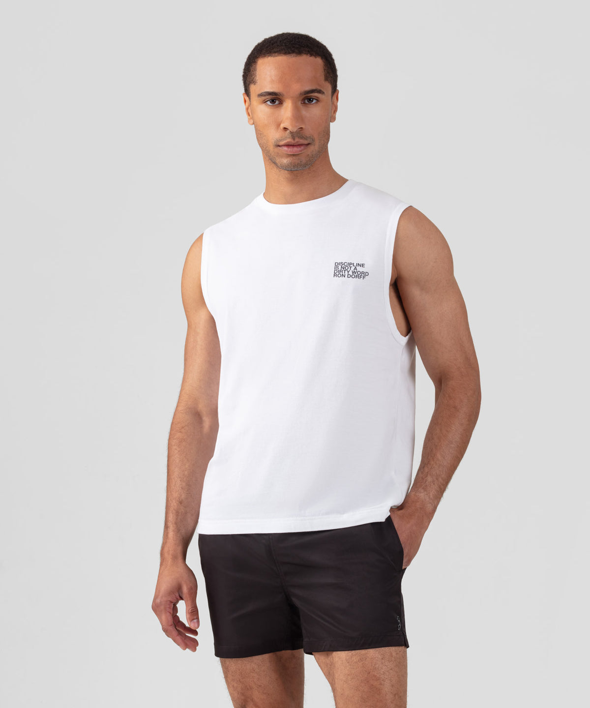 Organic Cotton Sleeveless T-Shirt Small Print "DISCIPLINE": White