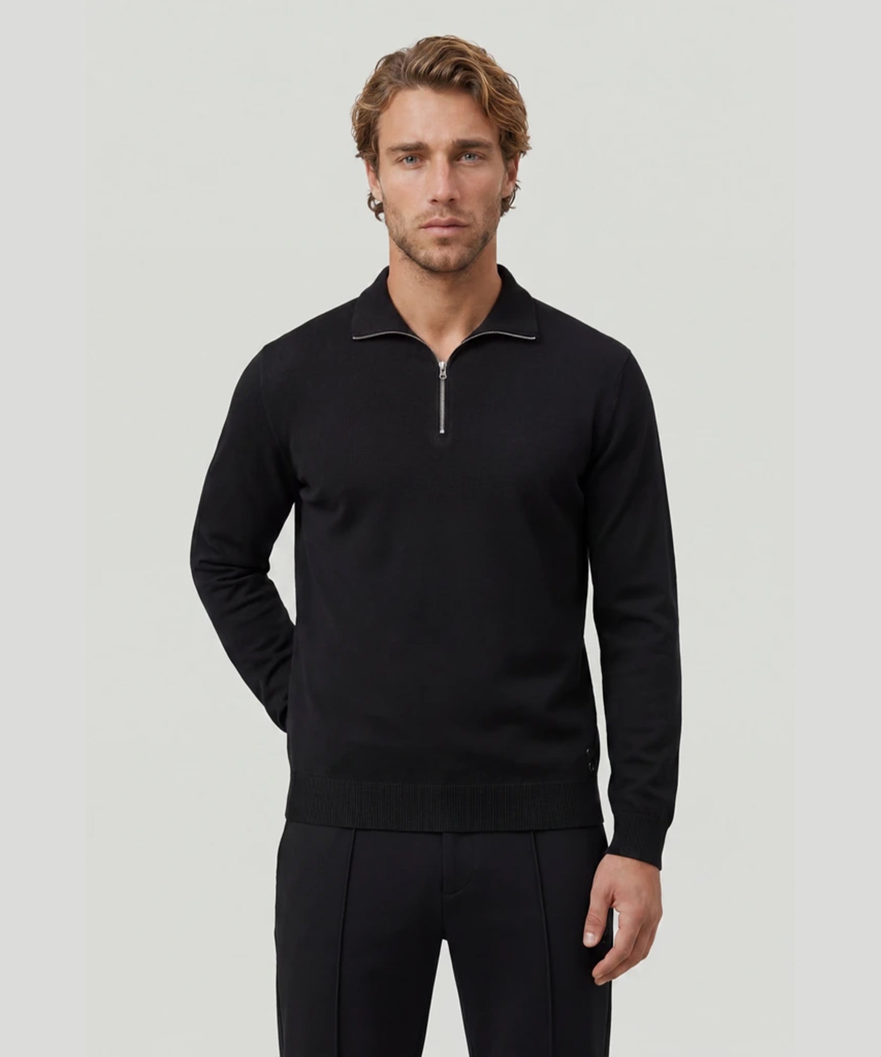 Cotton-Silk RD Polo Long Sleeve: Black