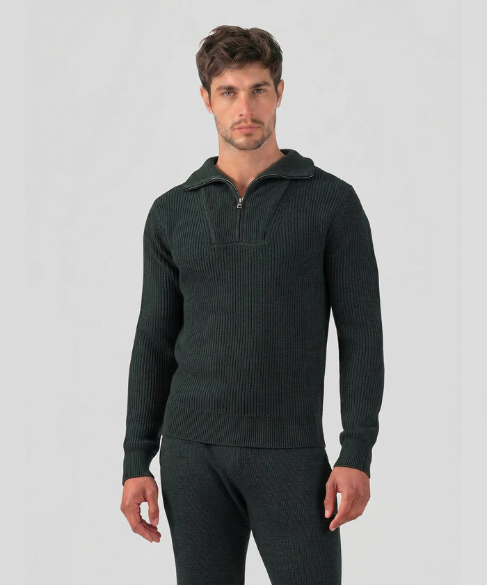 Ribbed Wool Half Zip Sweater: Dark Khaki