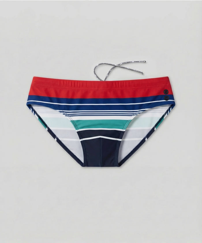Swim Briefs w. Retro Stripes: Shocking Red