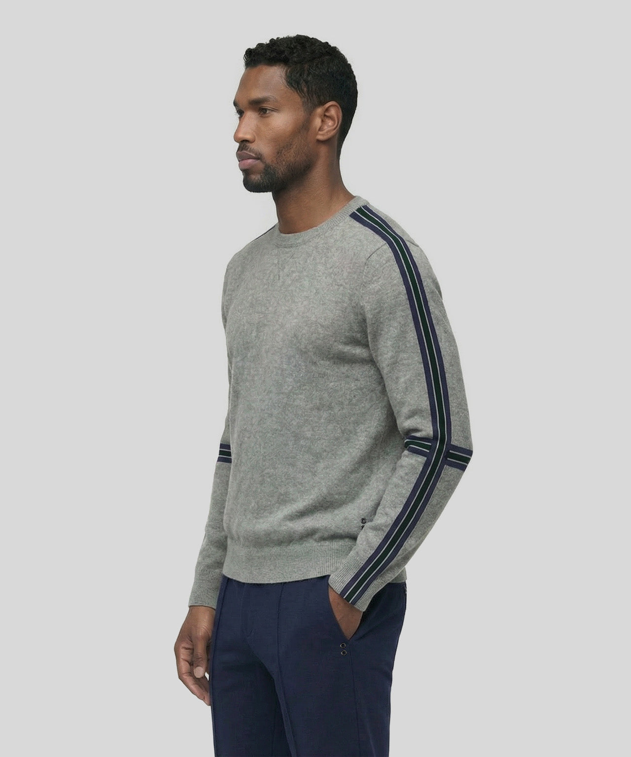 Cotton Cashmere Sweater w. Stripes: Grey Melange