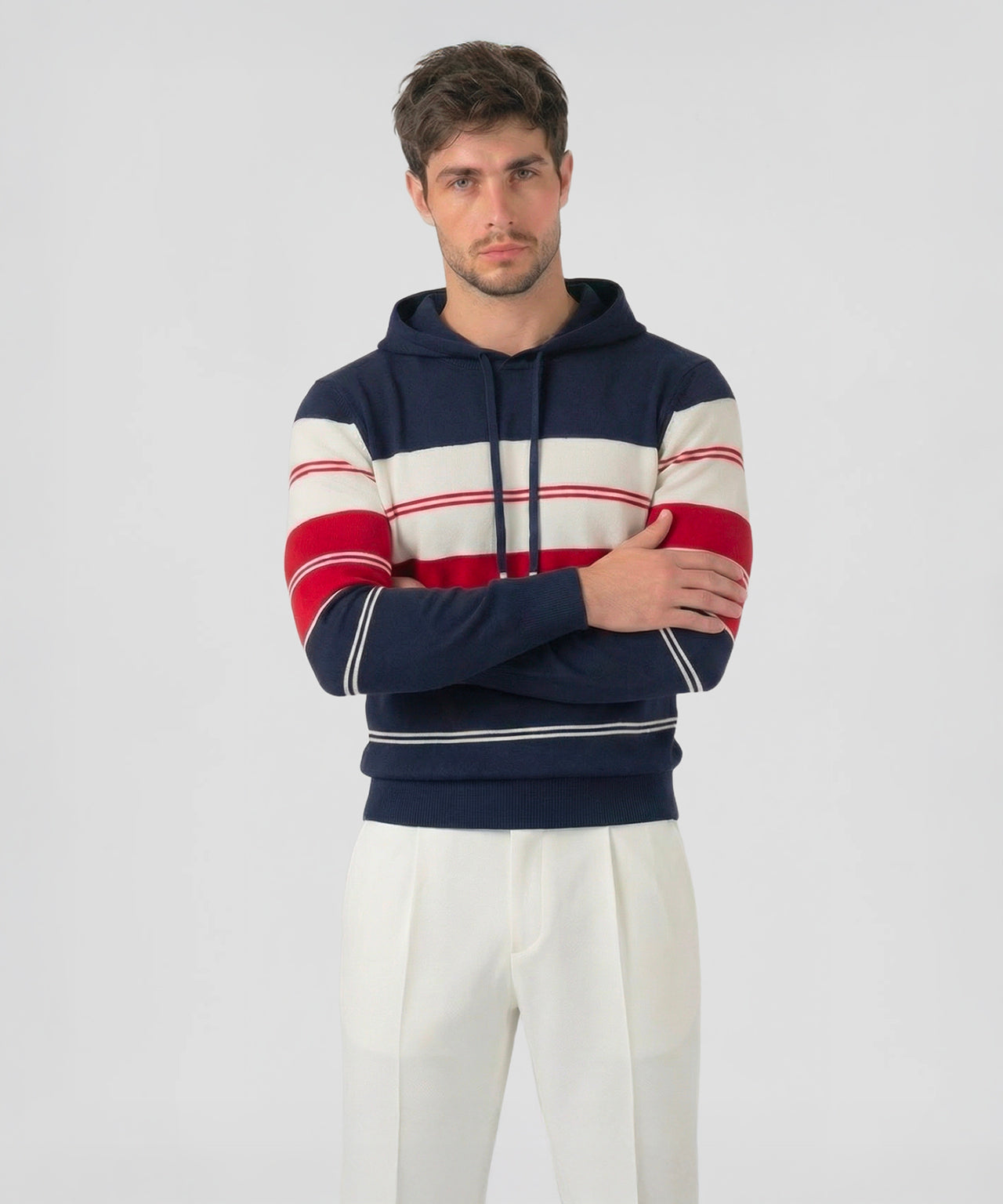 Cotton Hoodie w. Stripes: Navy