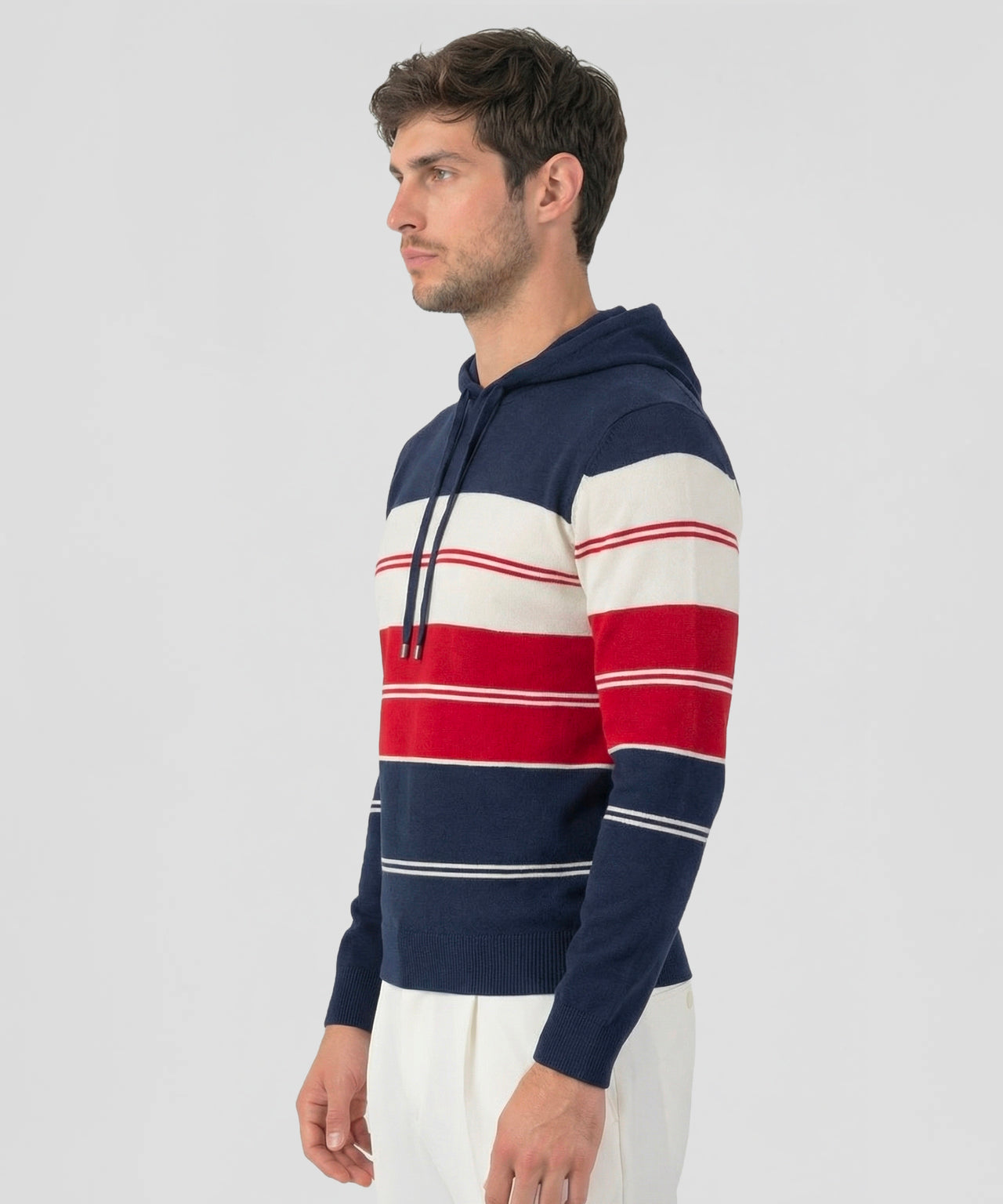 Cotton Hoodie w. Stripes: Navy