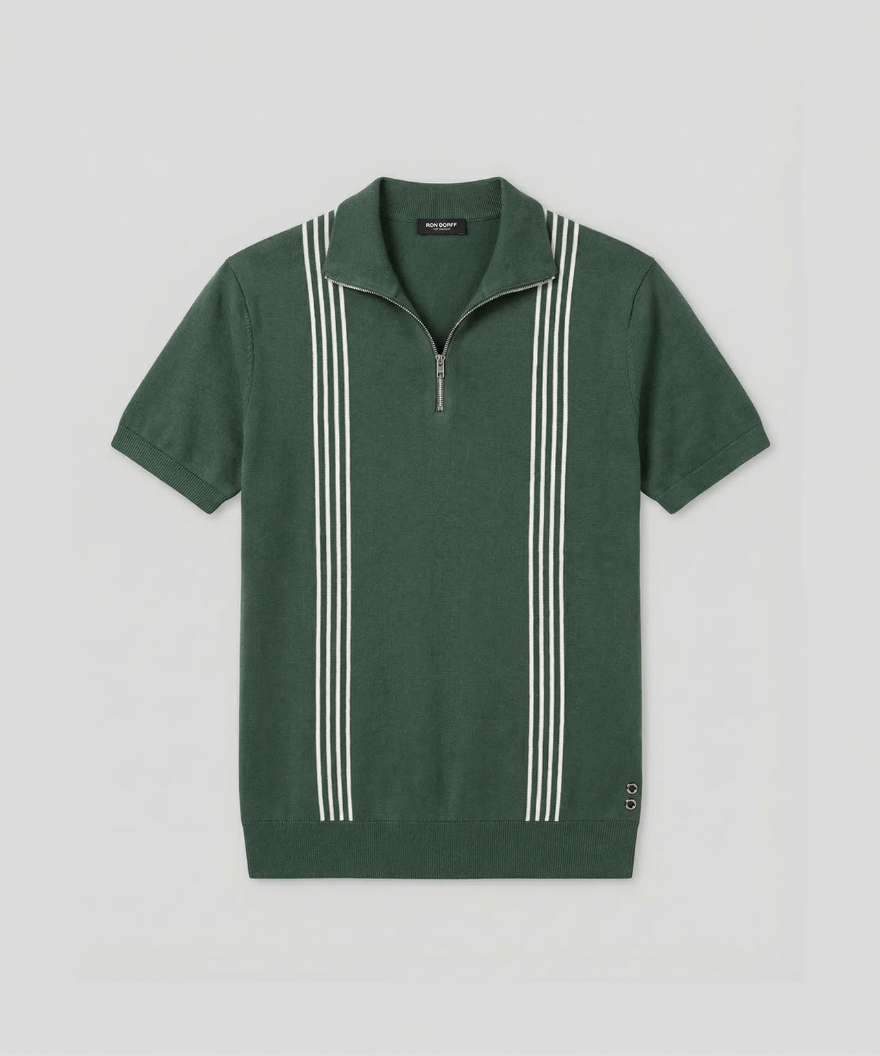 Cotton-Silk Zip Collar Polo w. Stripes: Green Court