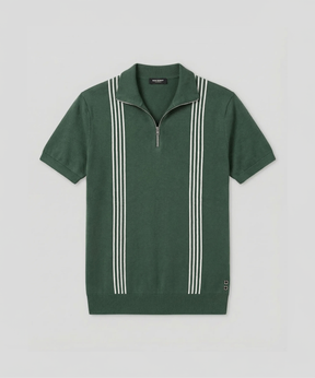 Cotton-Silk Zip Collar Polo w. Stripes: Green Court