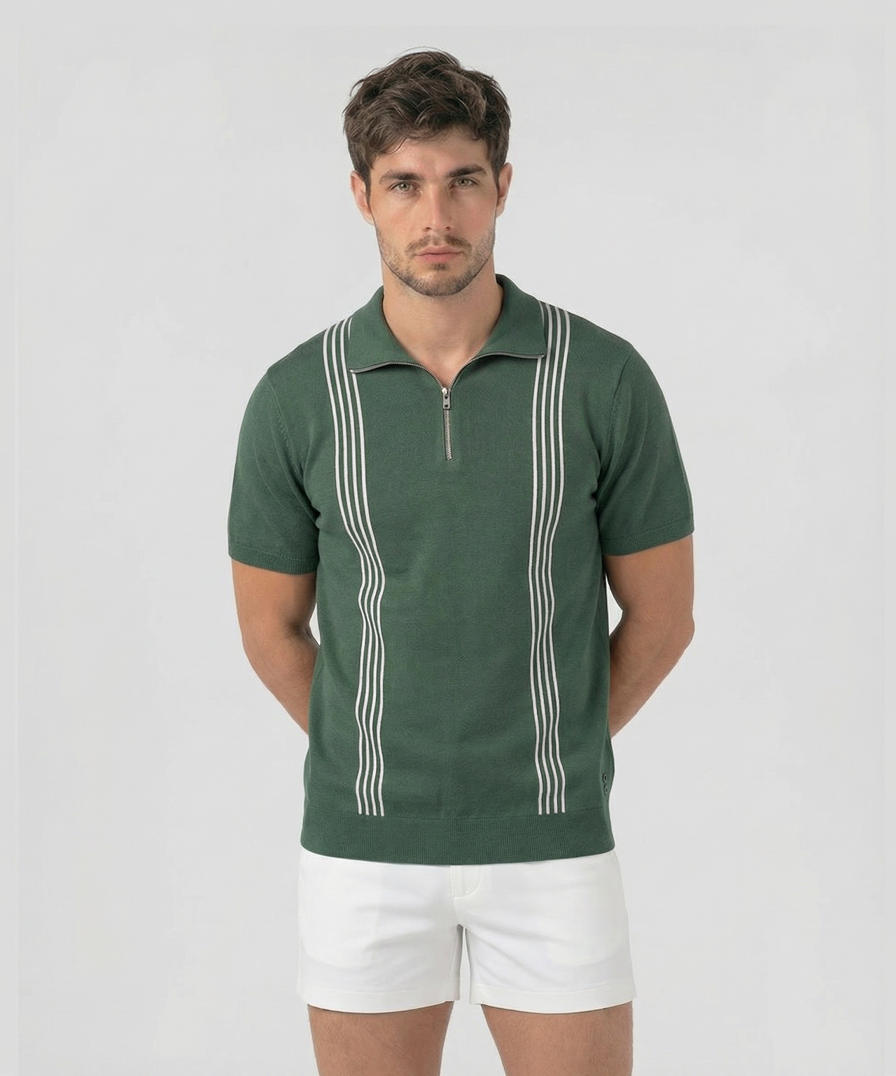 Cotton-Silk Zip Collar Polo w. Stripes: Green Court
