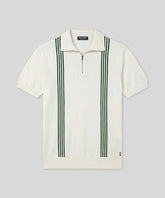 Cotton-Silk Zip Collar Polo w. Stripes: Off White