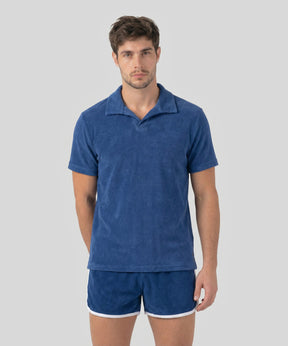 Cotton Terry V Neck Polo: Bleu