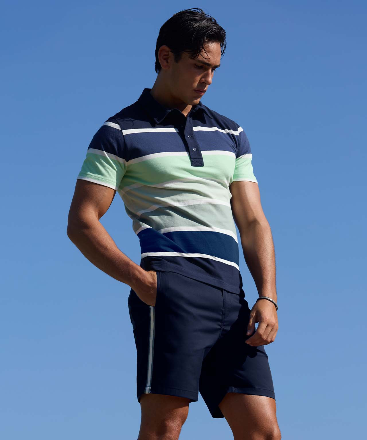 Cotton-Piqué Polo w. Big Stripes: Navy