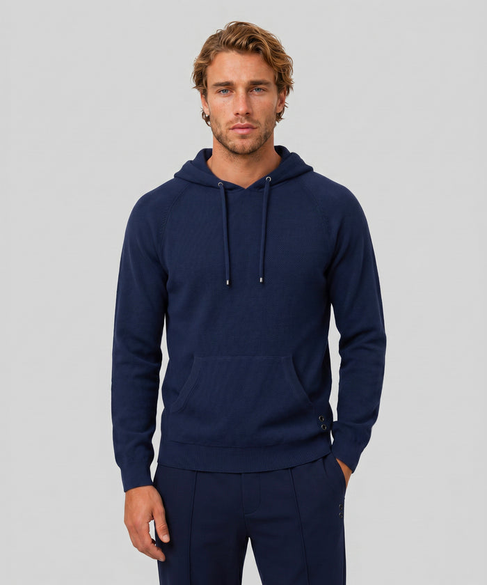 Cotton-Cashmere Piqué Hoodie Sweater: Navy