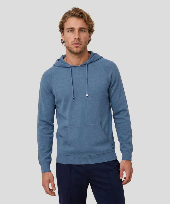 Cotton-Cashmere Piqué Hoodie Sweater: Blue Melange