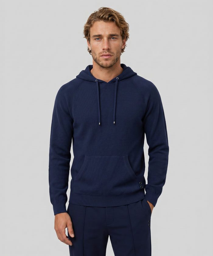 Cotton-Cashmere Piqué Hoodie Sweater: Navy