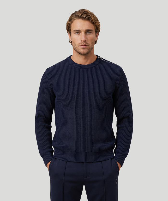 Zipped Ribbed Wool Sweater: Navy