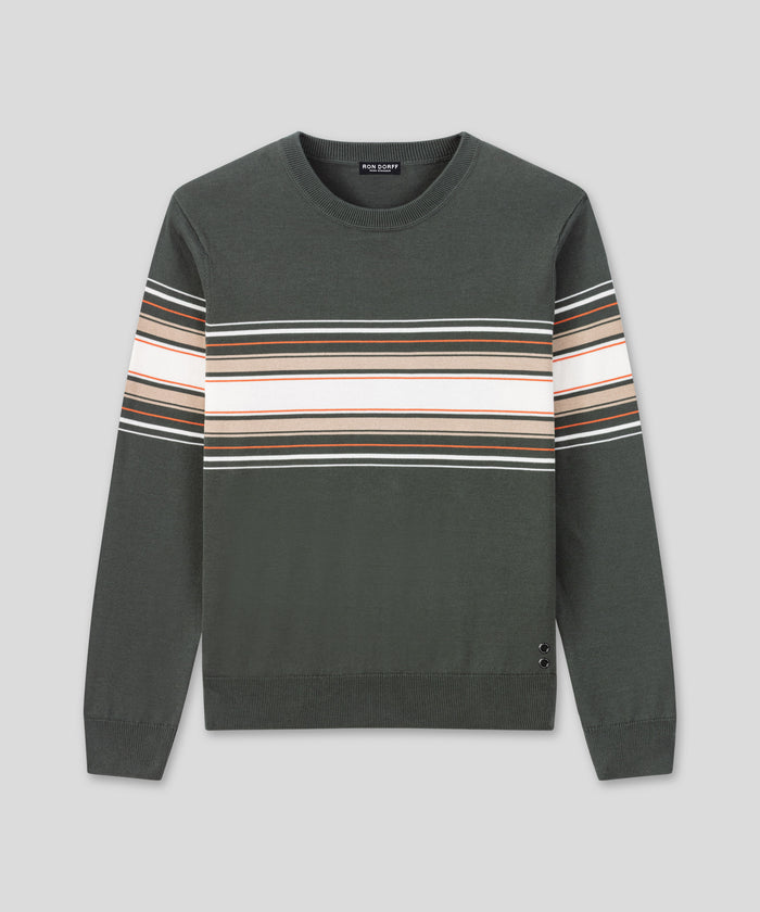 Cotton Sweater w. Placed Stripes: Urban Khaki