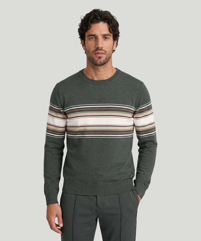 Cotton Sweater w. Placed Stripes: Urban Khaki