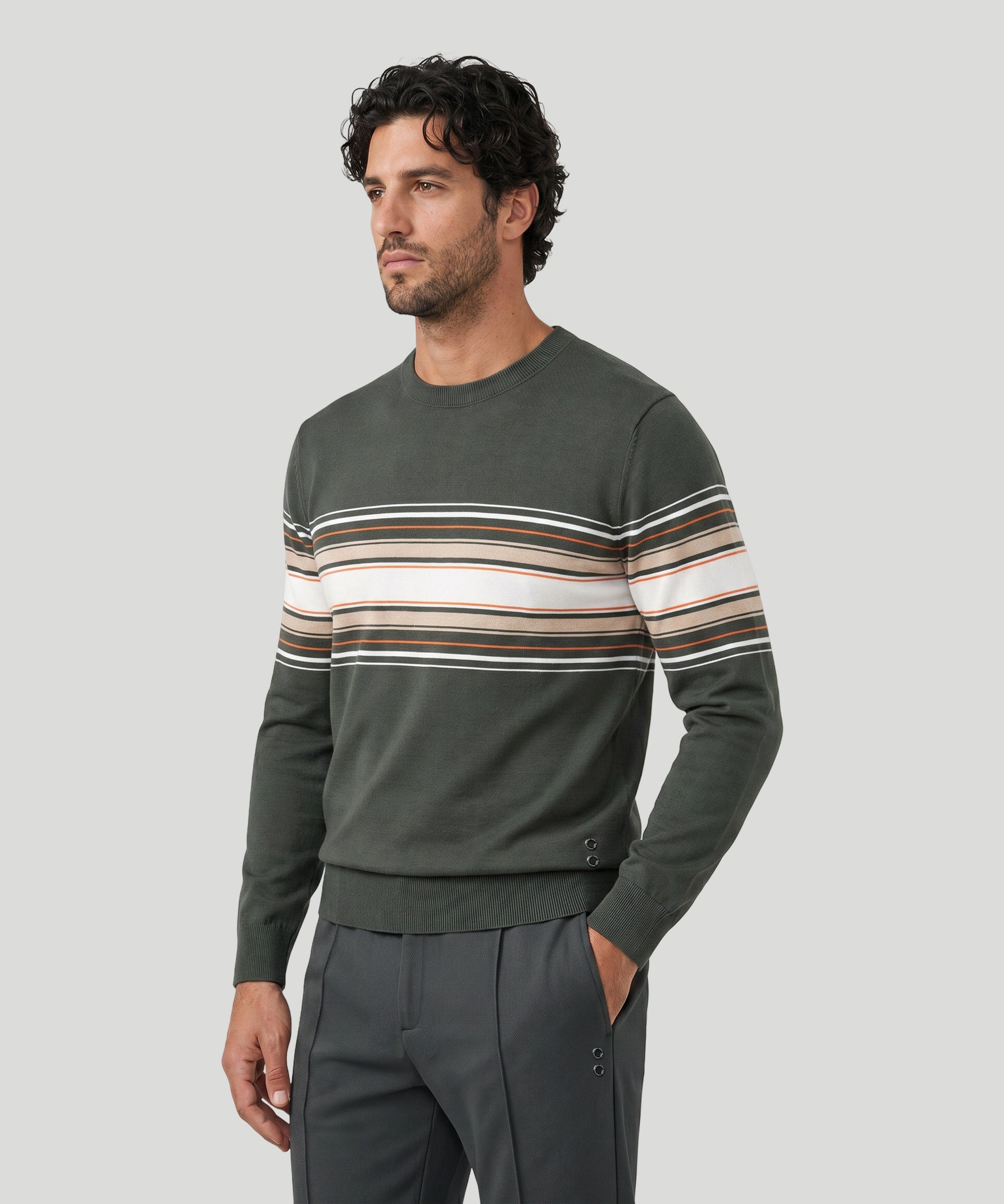 Cotton Sweater w. Placed Stripes: Urban Khaki
