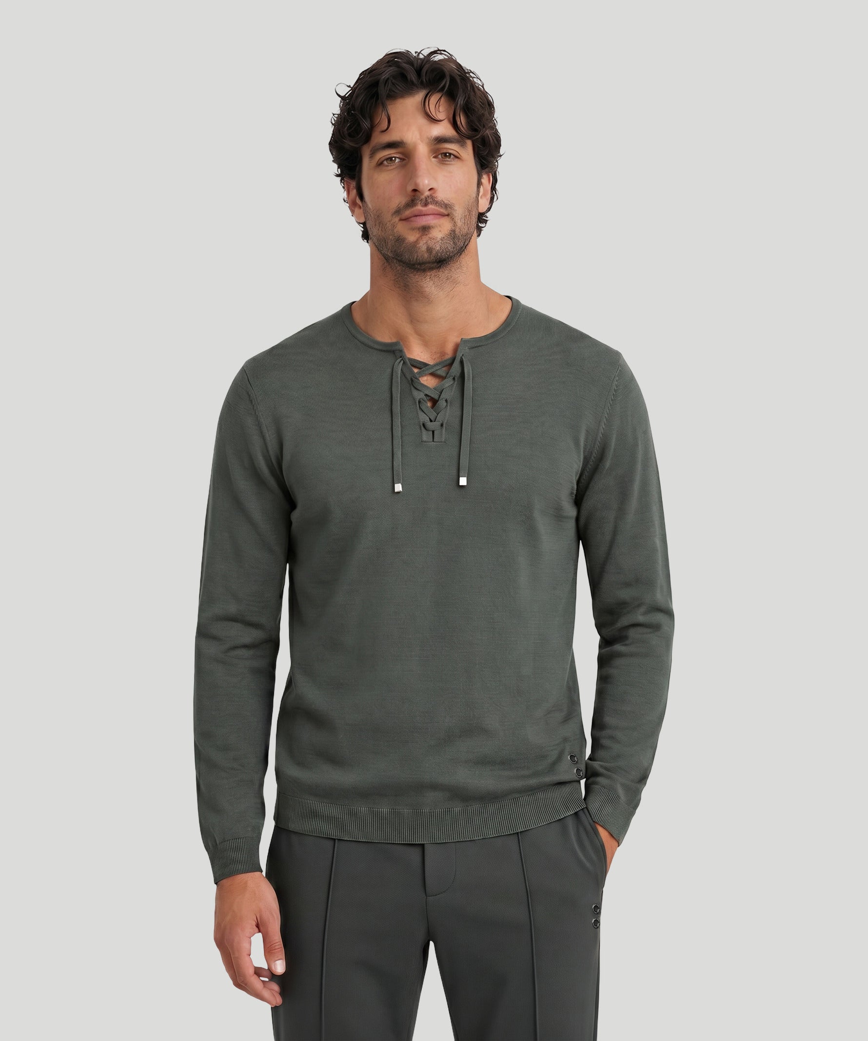 Knitted Cotton Sweater w. Drawstrings: Urban Khaki