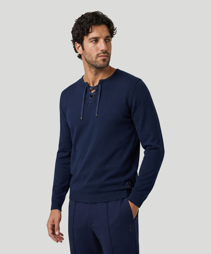 Knitted Cotton Sweater w. Drawstrings: Navy