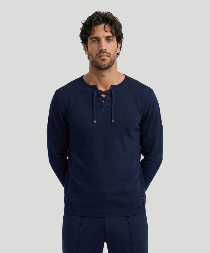 Knitted Cotton Sweater w. Drawstrings: Navy